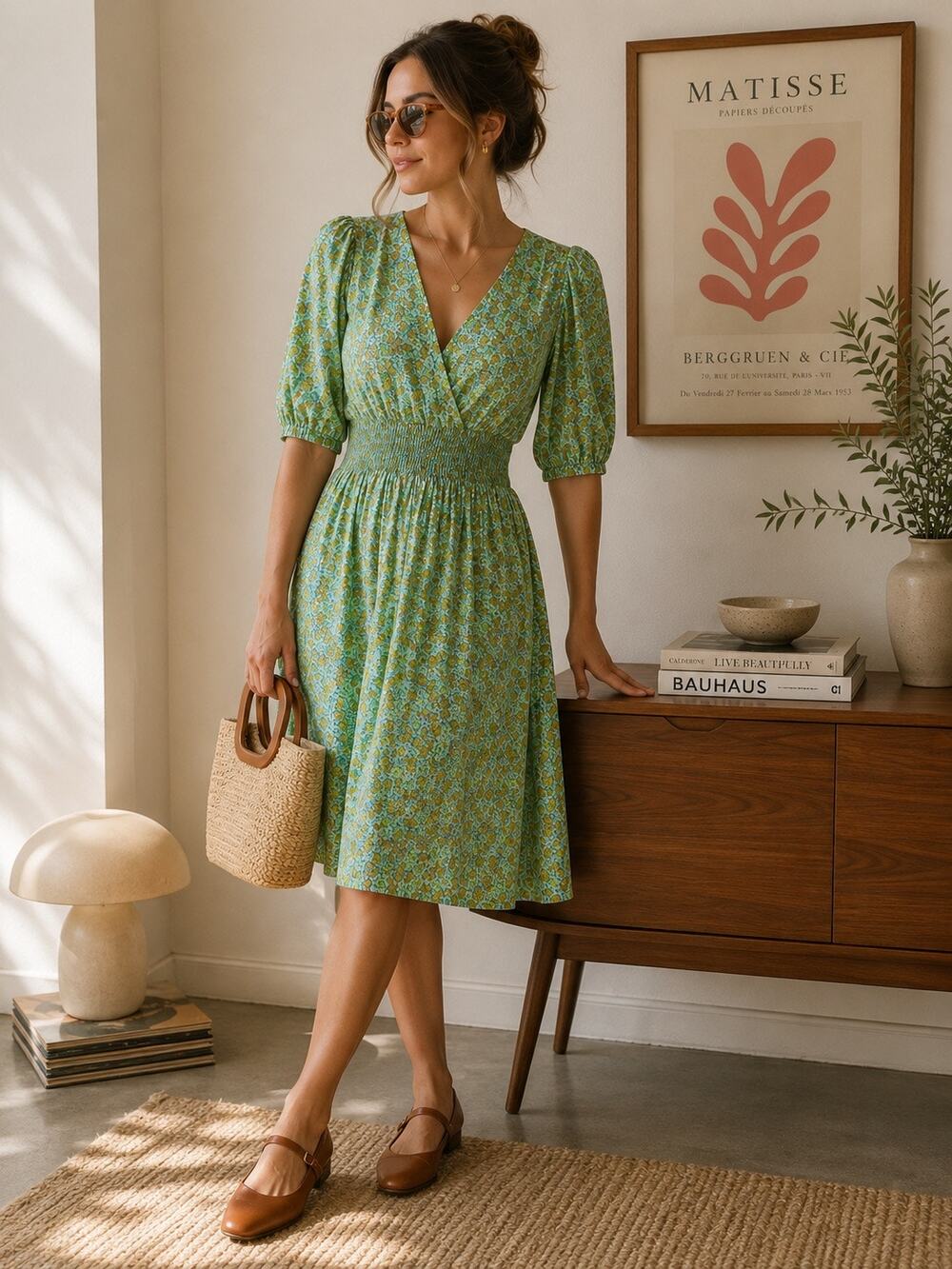 ON 34th Floral Faux Wrap Midi Dress Green Blue Puff Sleeve Smocked Waist Medium